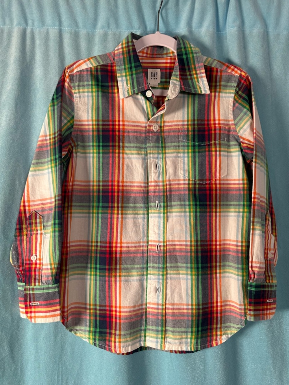 GAP Plaid Button-Down Shirt in Green, Red, White